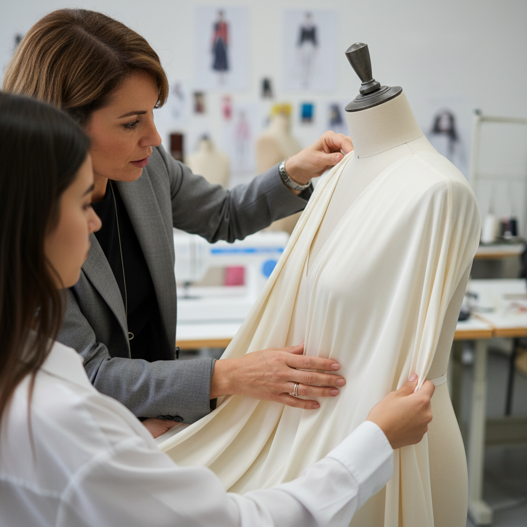 An instructor at Samuthrika Academy guiding a student on draping fabric on a mannequin in a bright, modern studio.