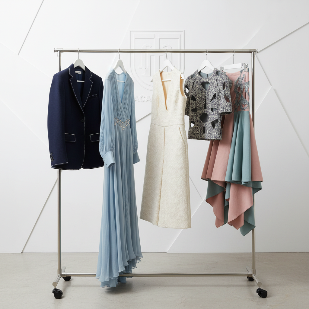 A finished collection of student-designed garments hanging on a rack, showcasing a variety of styles and professional construction.