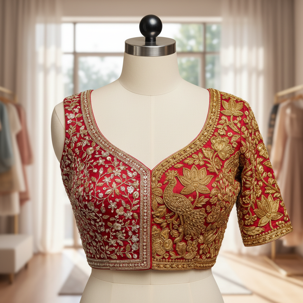 A close-up of a bridal blouse showcasing both Aari and Zardosi embroidery, highlighting the difference in texture and style for blouses in Trichy.
