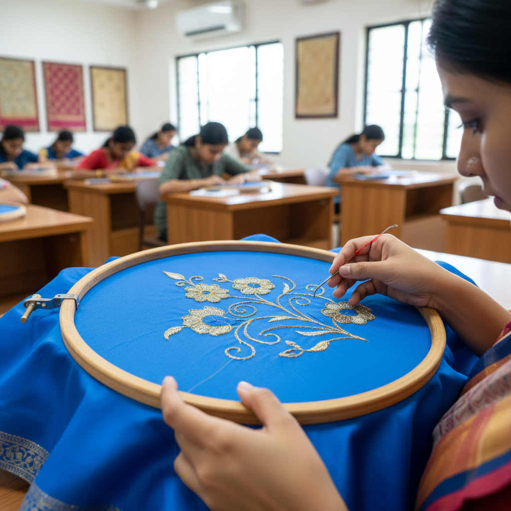 A student at Samuthrika Academy learning Aari embroidery in a class, representing Aari embroidery coaching in Kumbakonam.