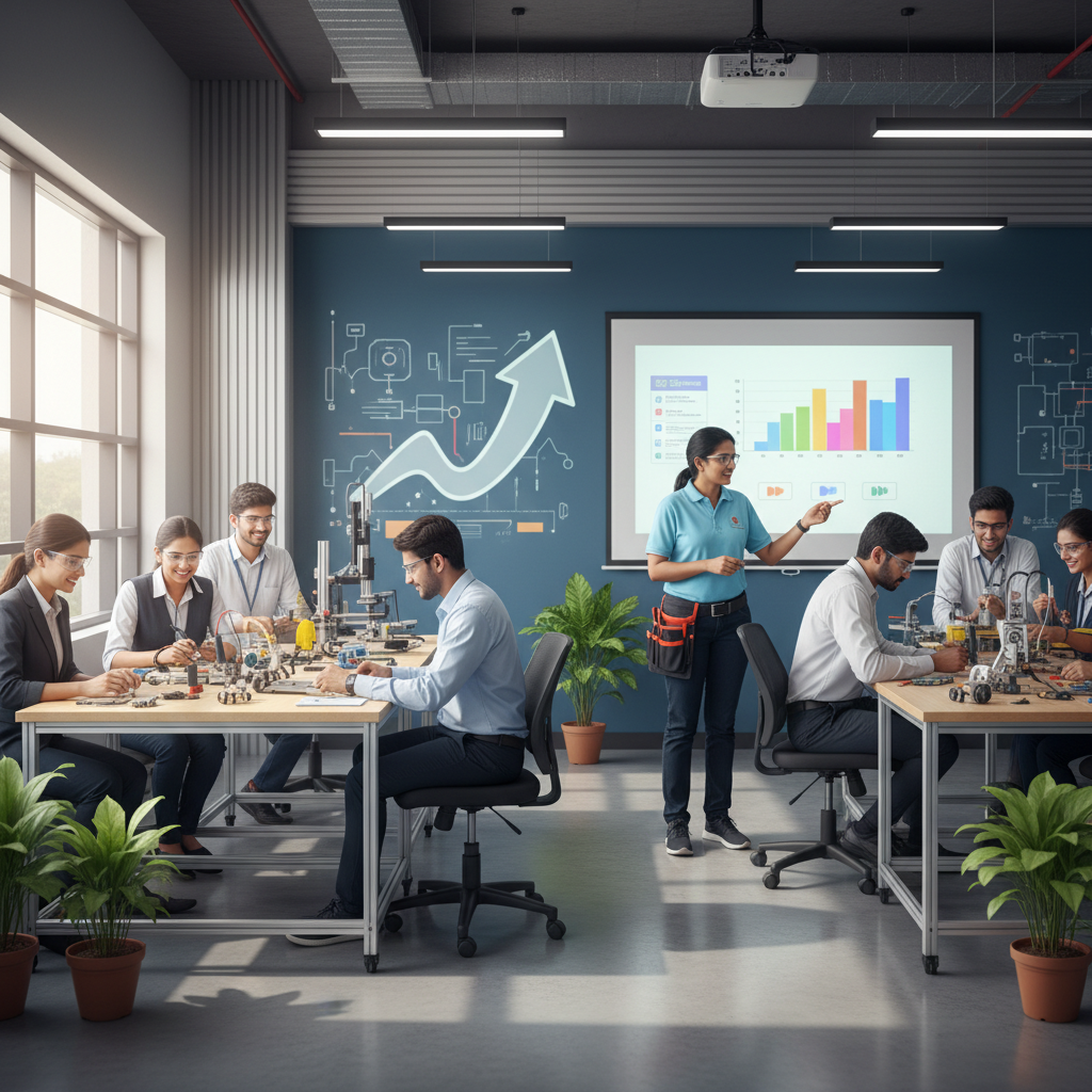 A group of diverse engineering students in a modern classroom in Trichy participating in a value added course.