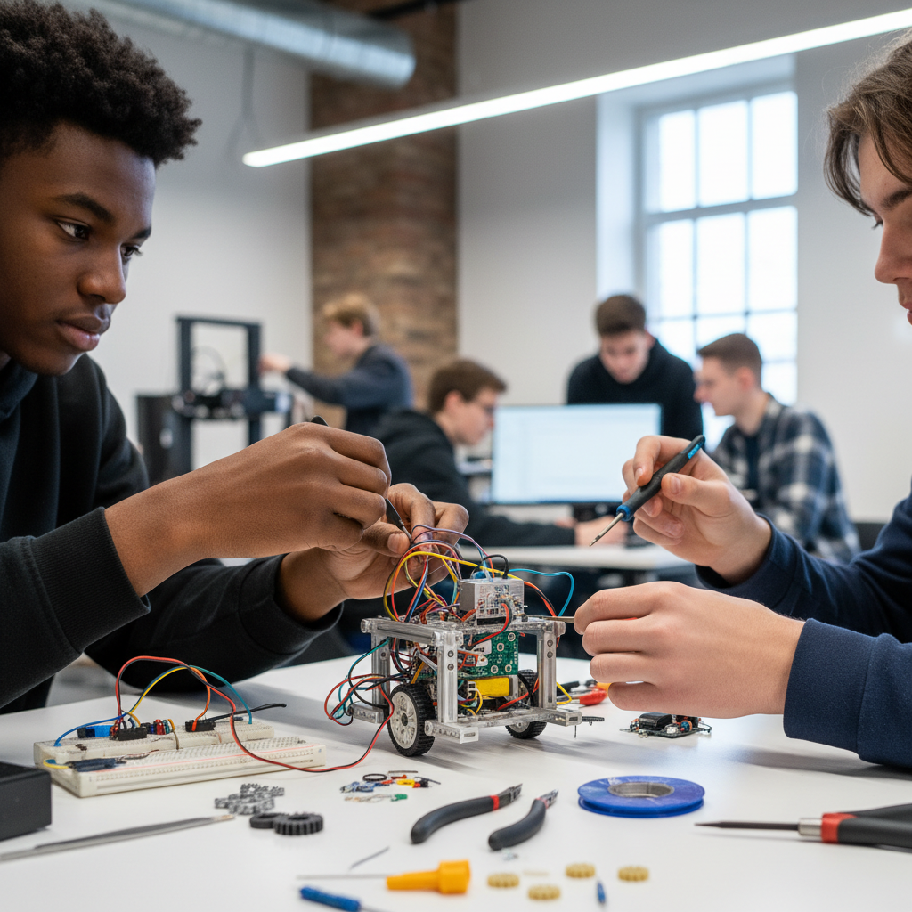 Students engaged in a robotics project as part of an industry-institute interaction cell setup.