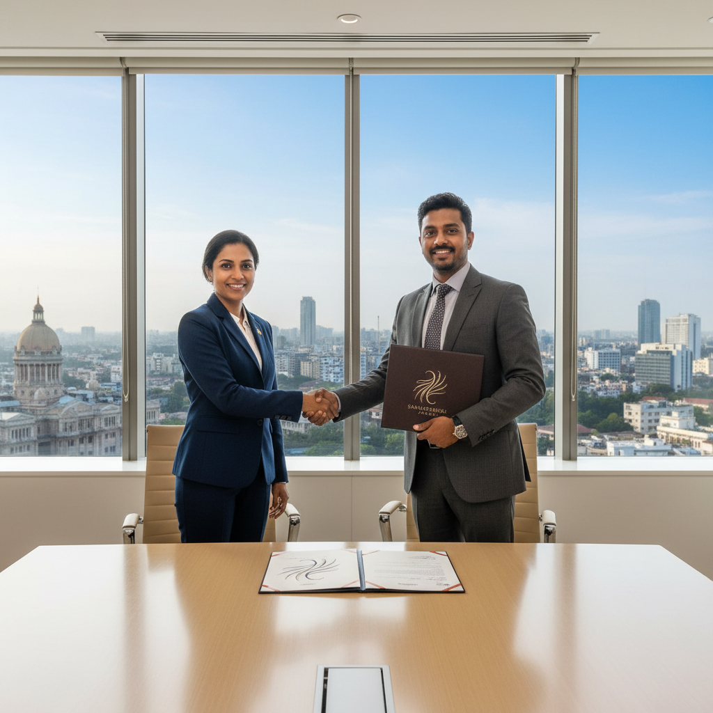 School administrators and Samuthrika Academy partners shaking hands, symbolizing a successful MOU for academic collaboration in Tamil Nadu.