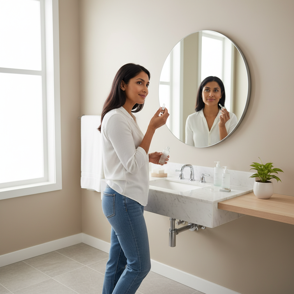 A woman with naturally glowing skin smiling as she follows her simple skincare routine for glowing skin.