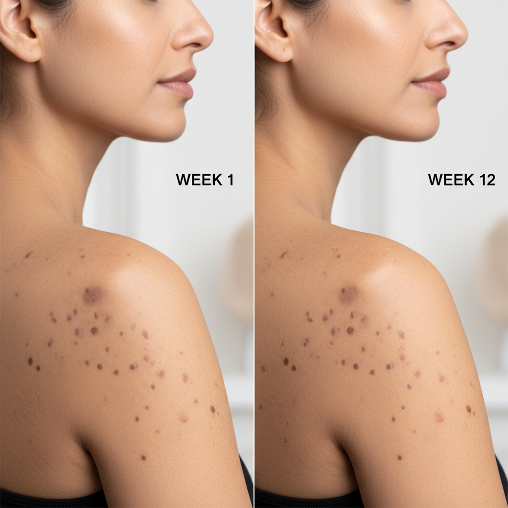 A before and after comparison showing the fading of hyperpigmentation on a woman's cheek after 12 weeks of using skin brightening products.