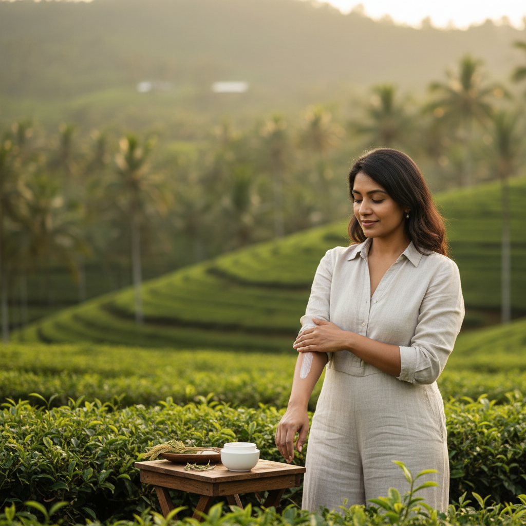 A person applying a natural homeopathic cream to their arm, symbolizing natural skin treatment in Kerala.