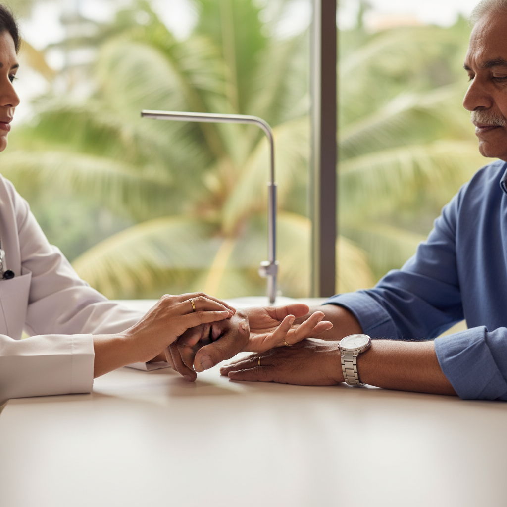 A compassionate homeopath from Dr. Jumana's clinic in Vadakkencherry consulting a patient.
