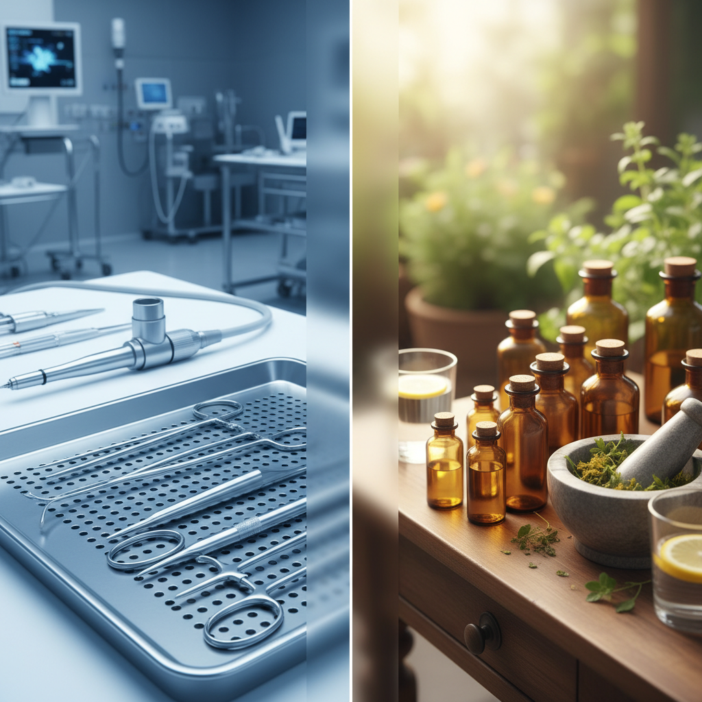 A split image showing surgical tools on one side and homeopathic remedies on the other, representing the choice in gallbladder stone treatment.