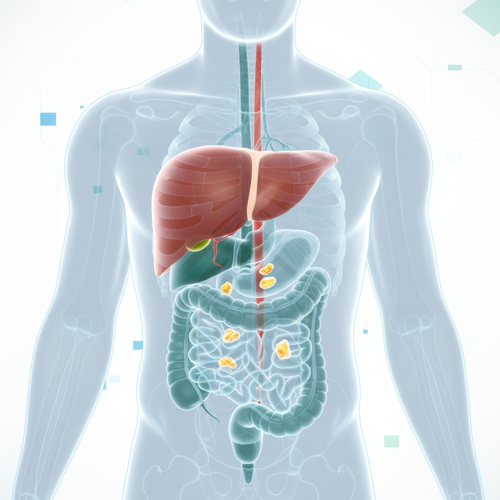 A diagram showing the location of the gallbladder and gallstones, illustrating a key topic in homeopathy treatment for gallstones in Kerala.