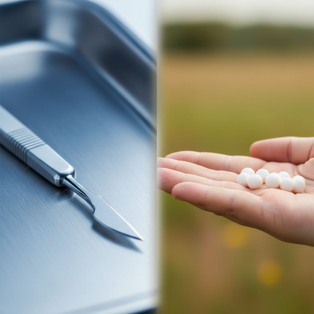 A split image showing a surgical scalpel on one side and homeopathic globules on the other, representing the choice for gallstone treatment without surgery.