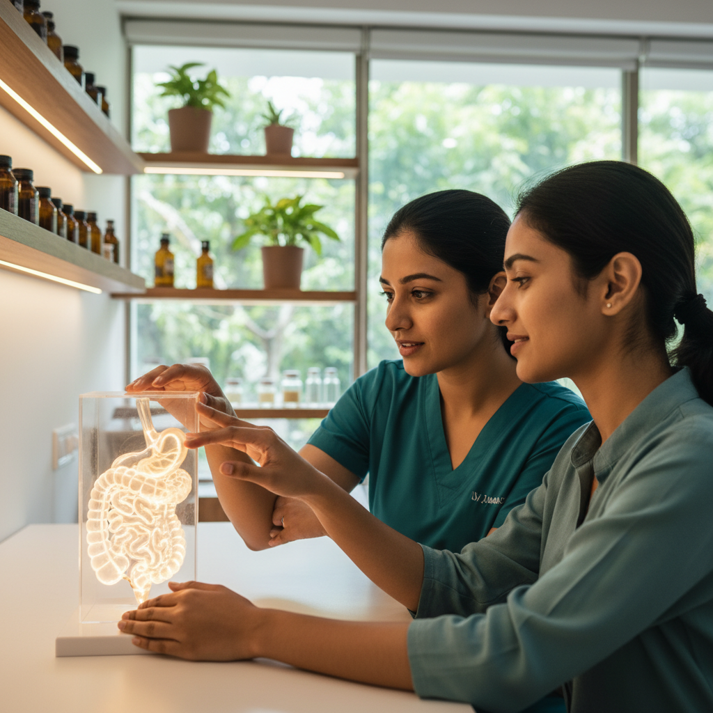 A patient and a homeopathic doctor in Kerala discussing a natural treatment plan for gallstones.