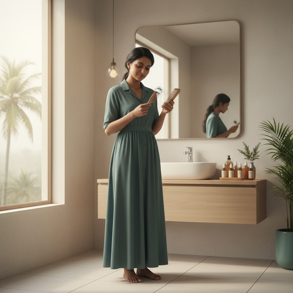 A frustrated person in Kerala looking at hair in a comb, considering a natural hair fall treatment.