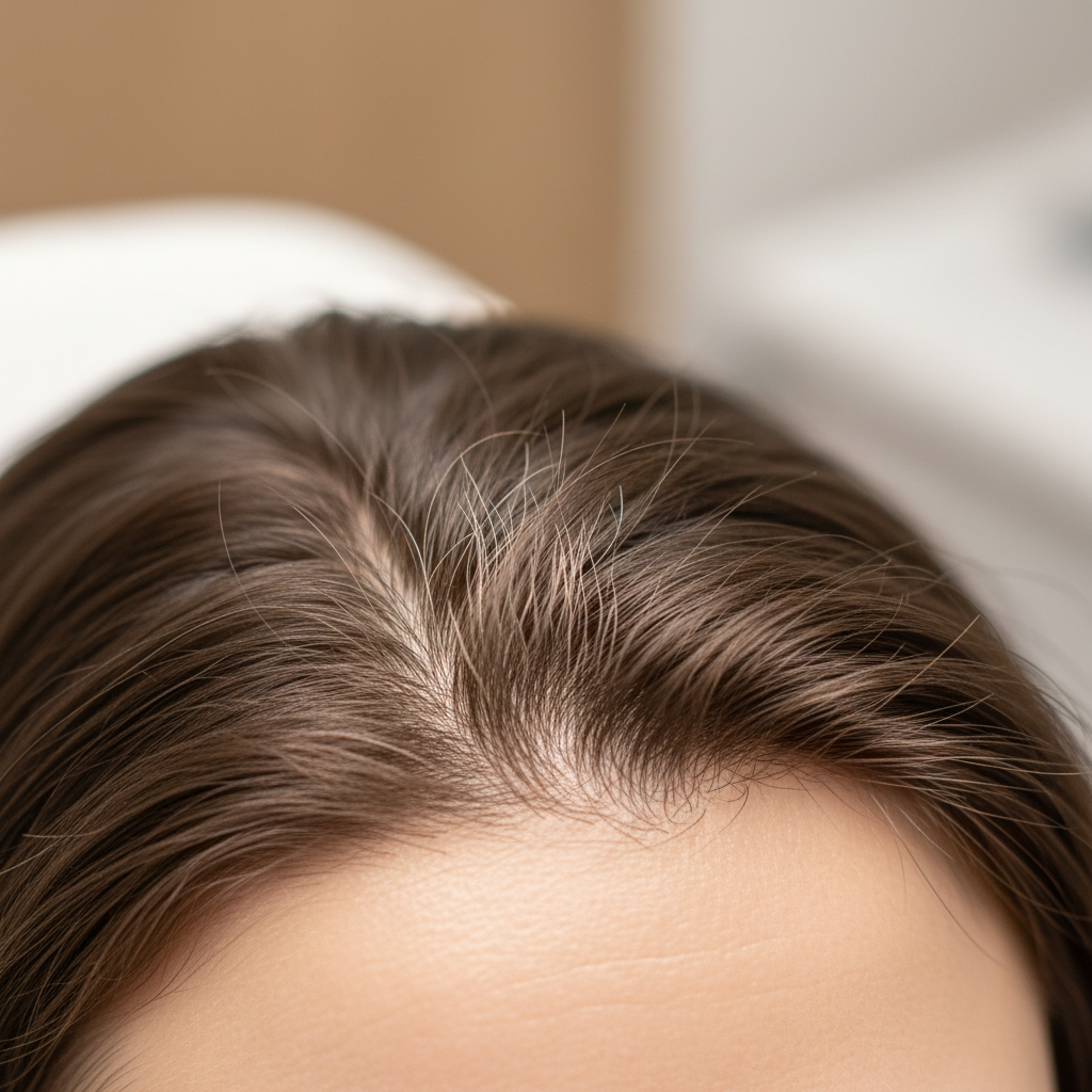 A close-up of a healthy scalp showing new hair regrowth, demonstrating the effects of homeopathic treatment.