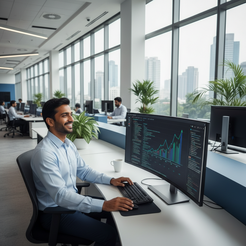 A professional working on a computer with data visualizations, symbolizing success from SAP Sybase IQ training in Chennai.